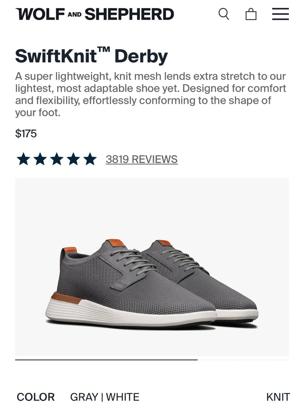Wolf and Shepherd SwiftKnit Derby - Gray/White